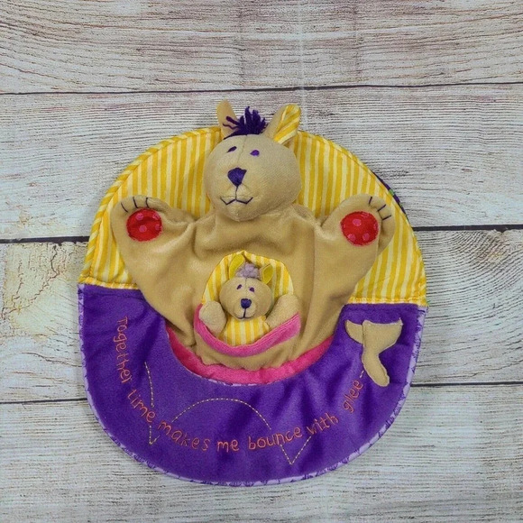 Mommy & Me Plush Kangaroo Puppet Rattle Mirror Tan Green Purple Baby Toy 9.5" - Picture 3 of 6